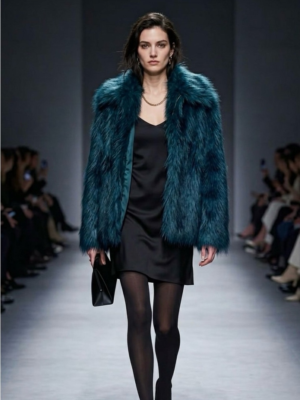 Topshop Faux Fur Longline Jacket Dark Teal & Black Size 6 Women’s Like New